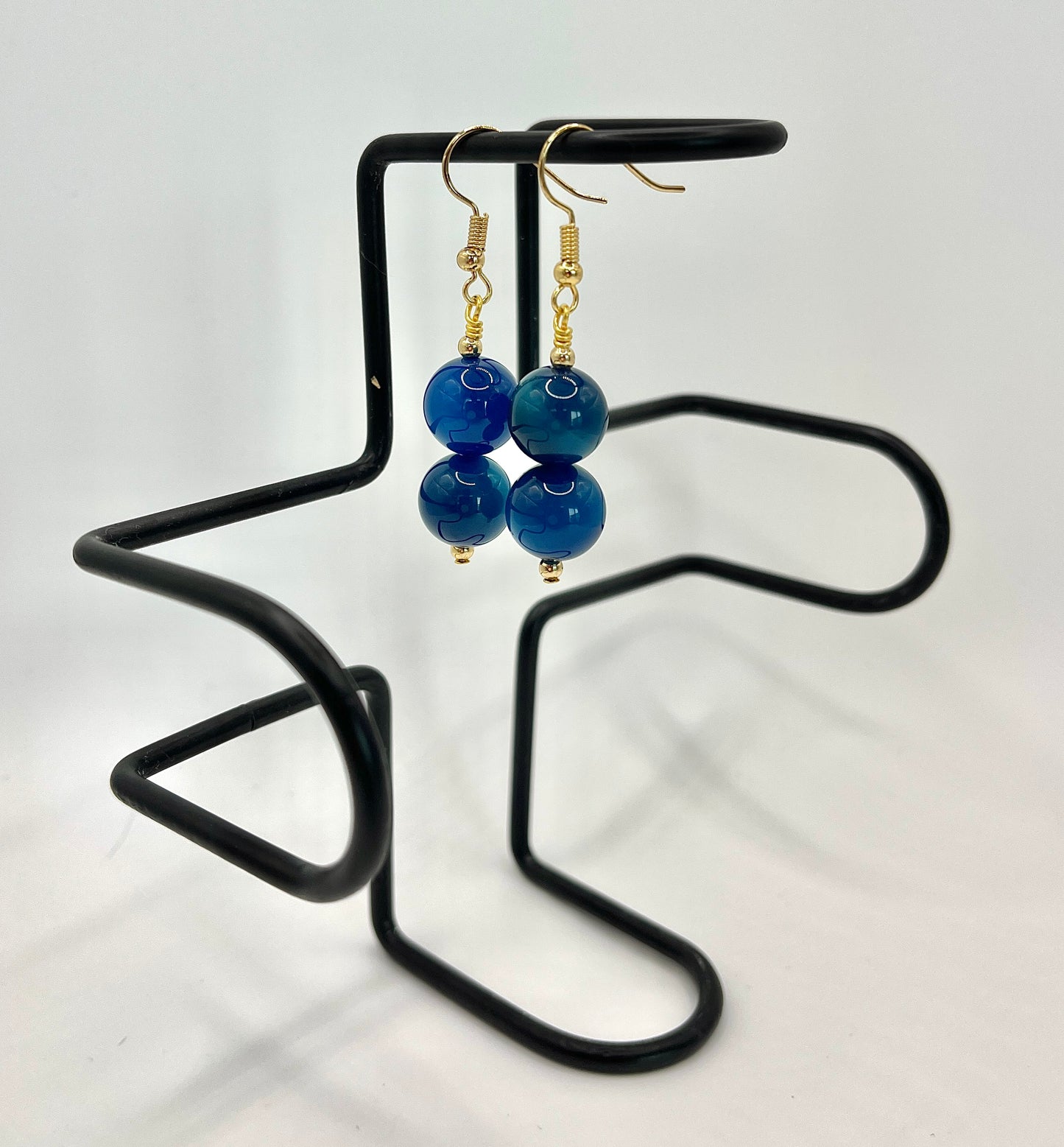 Blue agate round earrings, gold findings