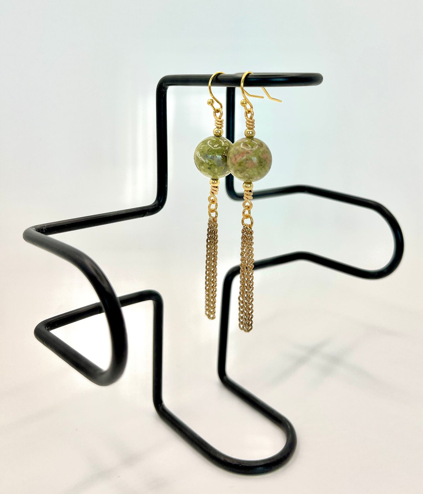 Unakite earrings, round, gold findings