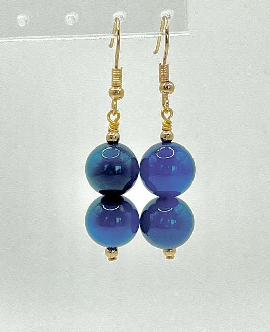 Blue agate round earrings, gold findings