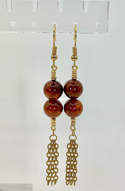 Brown crackle agate earrings, round, gold findings
