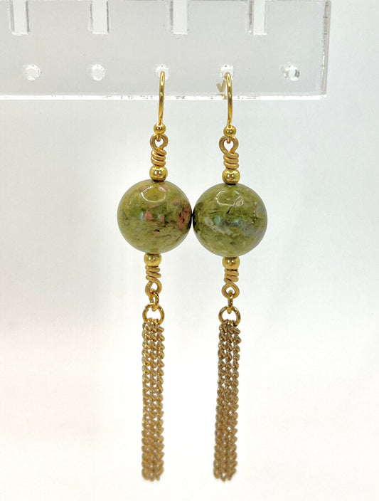 Unakite earrings, round, gold findings